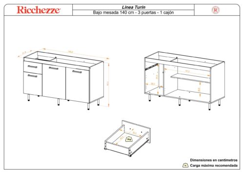 Bajo Mesada Turín 140cm 3 puertas, 1 cajón - Imagen 7